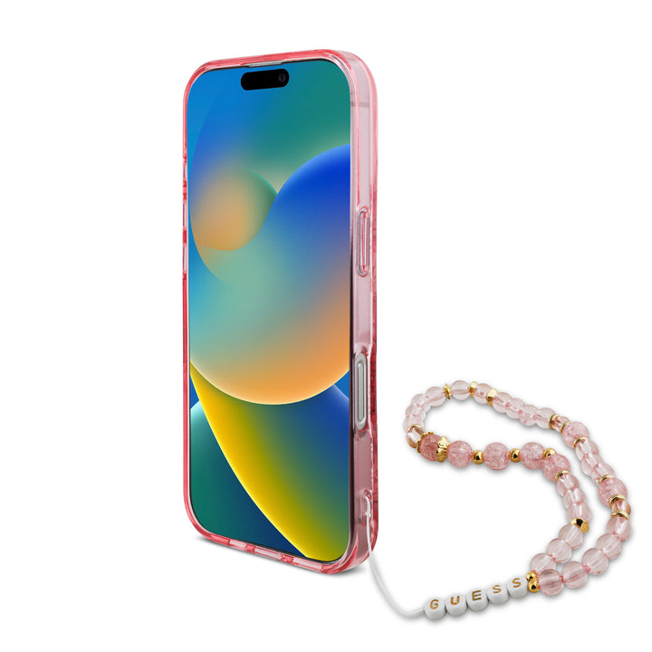 Guess iPhone 16 Pro Backcover hoesje Magsafe IML Flowers with pearl strap - Roze-Hoesjes-Ilumina Benelux