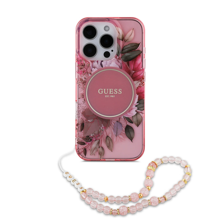 Guess iPhone 16 Pro Backcover hoesje Magsafe IML Flowers with pearl strap - Roze-Hoesjes-Ilumina Benelux