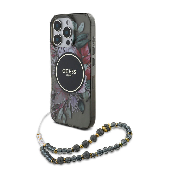 Guess iPhone 16 Pro Backcover hoesje Magsafe IML Flowers with pearl strap - Zwart-Hoesjes-Ilumina Benelux