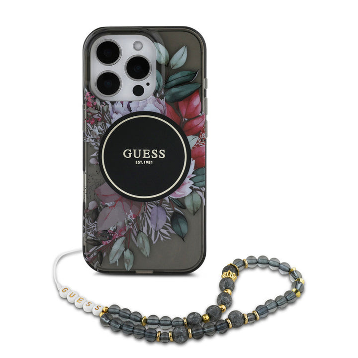 Guess iPhone 16 Pro Backcover hoesje Magsafe IML Flowers with pearl strap - Zwart-Hoesjes-Ilumina Benelux