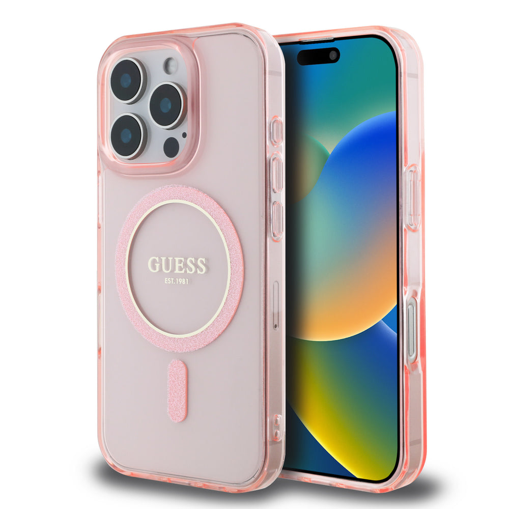 Guess iPhone 16 Pro Backcover hoesje Magsafe IML Glitter - Roze-Hoesjes-Ilumina Benelux