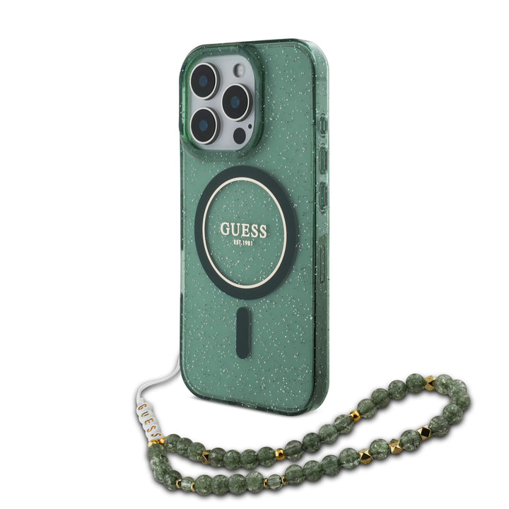 Guess iPhone 16 Pro Backcover hoesje Magsafe IML Glitter with pearls strap - Groen-Hoesjes-Ilumina Benelux