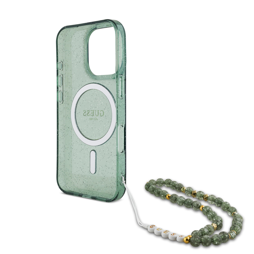 Guess iPhone 16 Pro Backcover hoesje Magsafe IML Glitter with pearls strap - Groen-Hoesjes-Ilumina Benelux