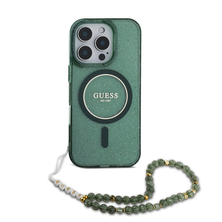 Guess iPhone 16 Pro Backcover hoesje Magsafe IML Glitter with pearls strap - Groen-Hoesjes-Ilumina Benelux