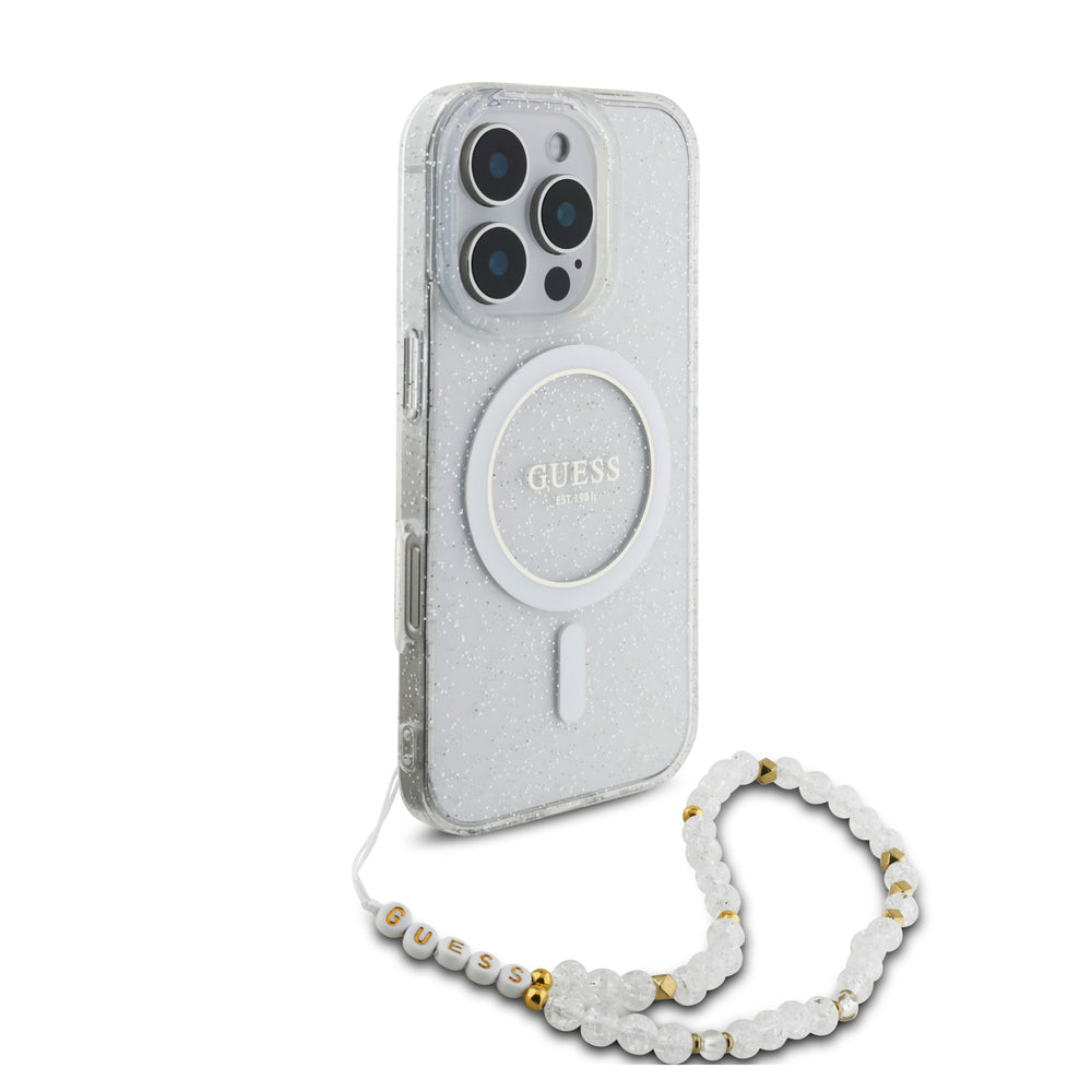 Guess iPhone 16 Pro Backcover hoesje Magsafe IML Glitter with pearls strap - Transparant-Hoesjes-Ilumina Benelux
