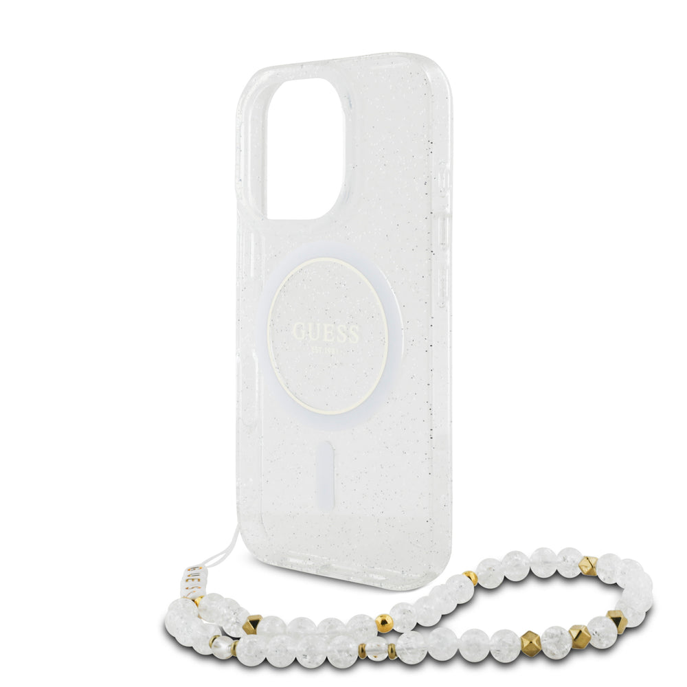 Guess iPhone 16 Pro Backcover hoesje Magsafe IML Glitter with pearls strap - Transparant-Hoesjes-Ilumina Benelux
