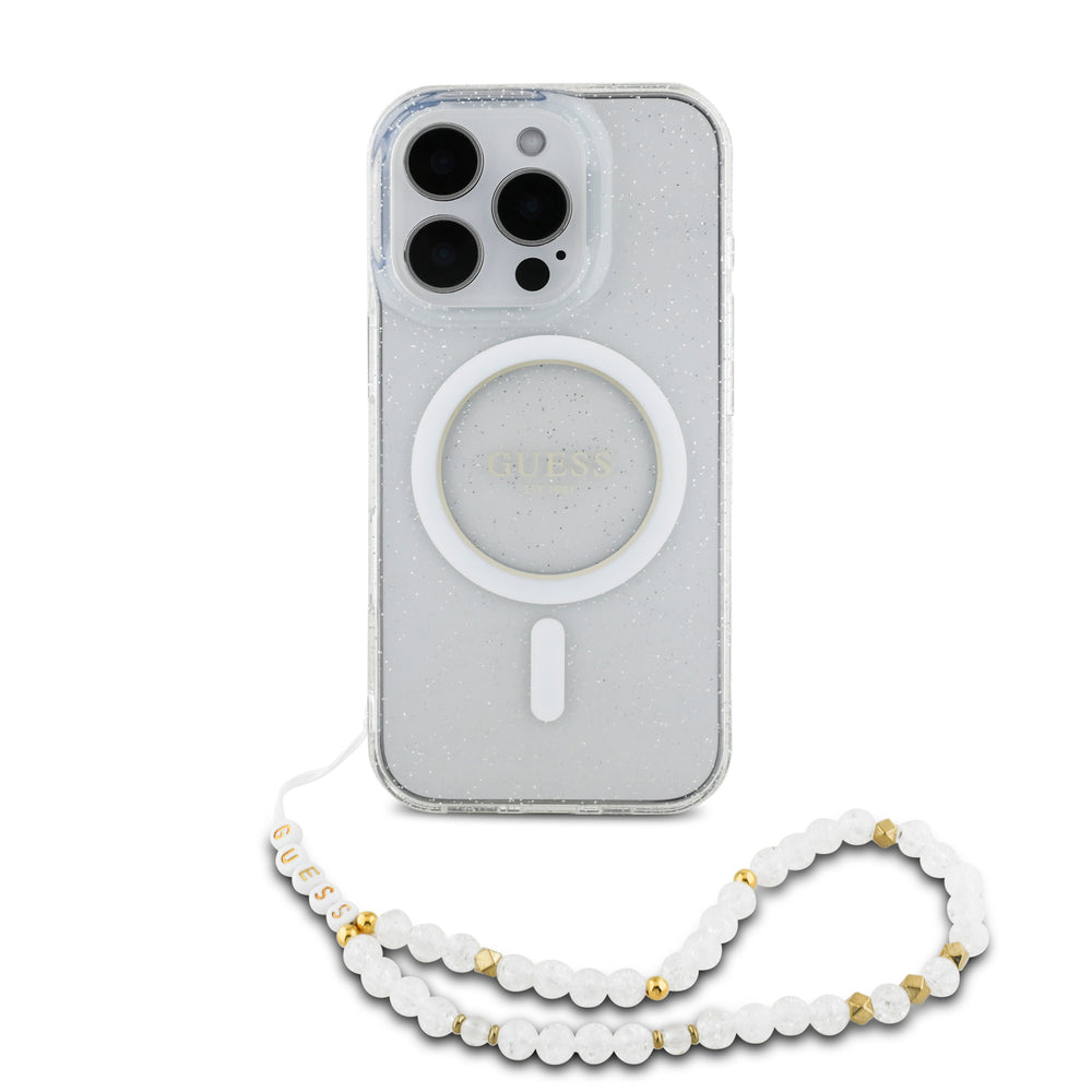 Guess iPhone 16 Pro Backcover hoesje Magsafe IML Glitter with pearls strap - Transparant-Hoesjes-Ilumina Benelux