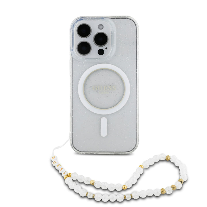 Guess iPhone 16 Pro Backcover hoesje Magsafe IML Glitter with pearls strap - Transparant-Hoesjes-Ilumina Benelux