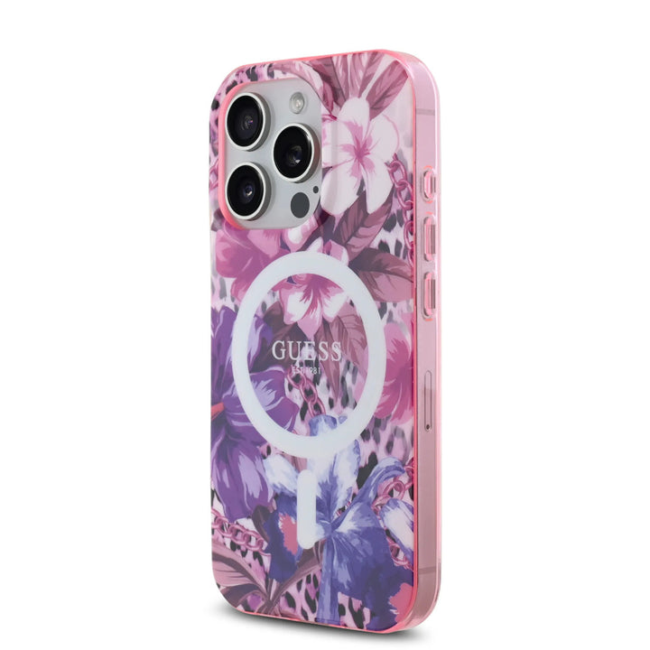 Guess iPhone 16 Pro Backcover hoesje - Magsafe IML - Jungle Design - Paars-Hoesjes-Ilumina Benelux