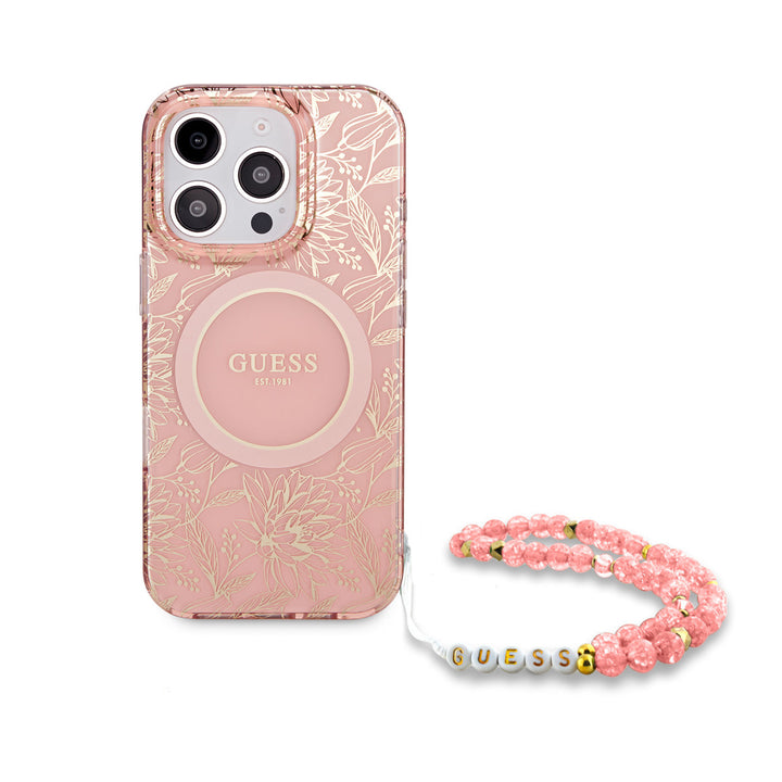 Guess iPhone 16 Pro Backcover hoesje - Magsafe IML - Pearl Strap & Electroplated Flower Design - Roze-Hoesjes-Ilumina Benelux