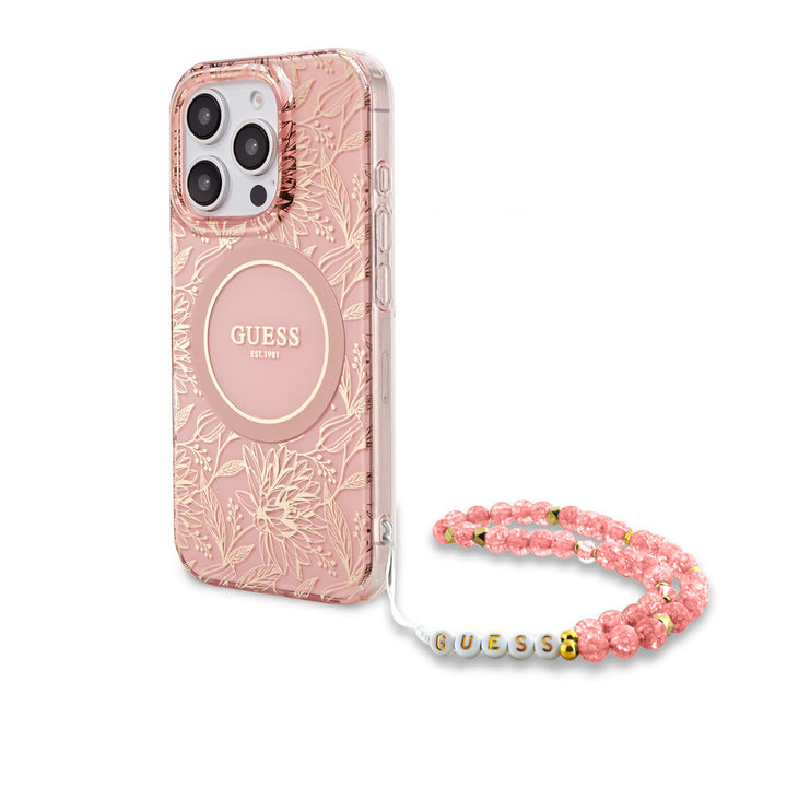 Guess iPhone 16 Pro Backcover hoesje - Magsafe IML - Pearl Strap & Electroplated Flower Design - Roze-Hoesjes-Ilumina Benelux