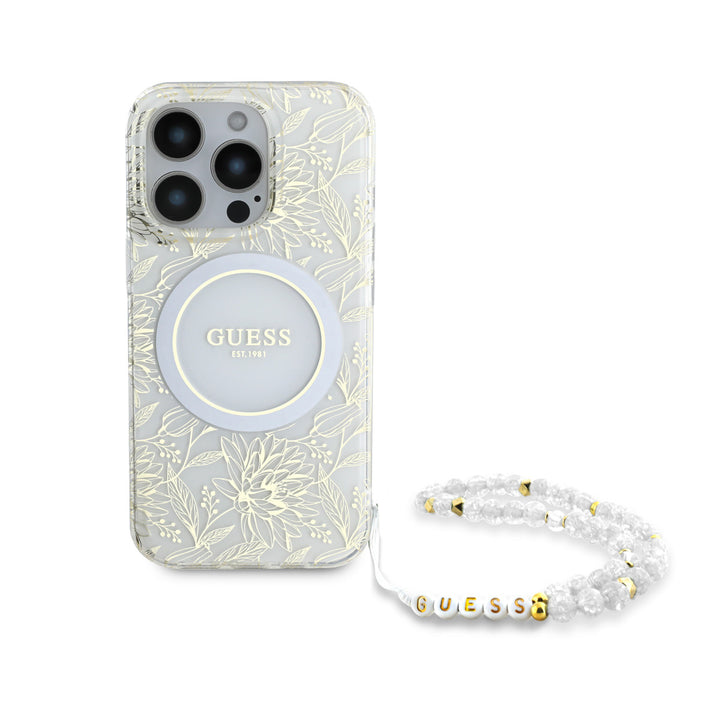 Guess iPhone 16 Pro Backcover hoesje - Magsafe IML - Pearl Strap & Electroplated Flower Design - Wit-Hoesjes-Ilumina Benelux