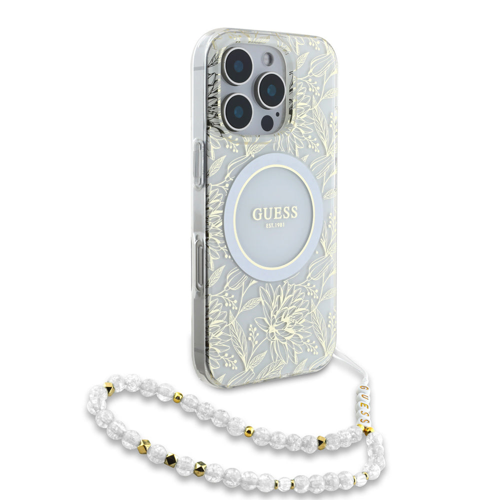 Guess iPhone 16 Pro Backcover hoesje - Magsafe IML - Pearl Strap & Electroplated Flower Design - Wit-Hoesjes-Ilumina Benelux