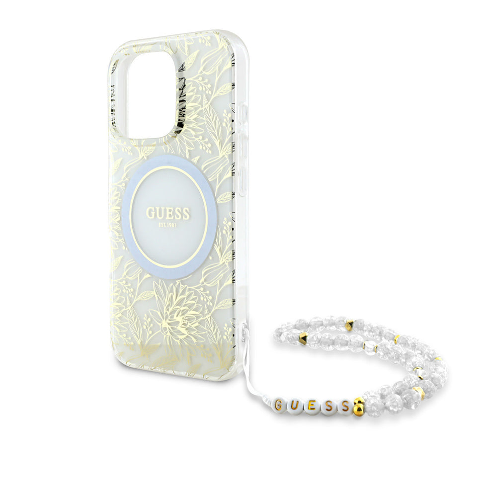 Guess iPhone 16 Pro Backcover hoesje - Magsafe IML - Pearl Strap & Electroplated Flower Design - Wit-Hoesjes-Ilumina Benelux