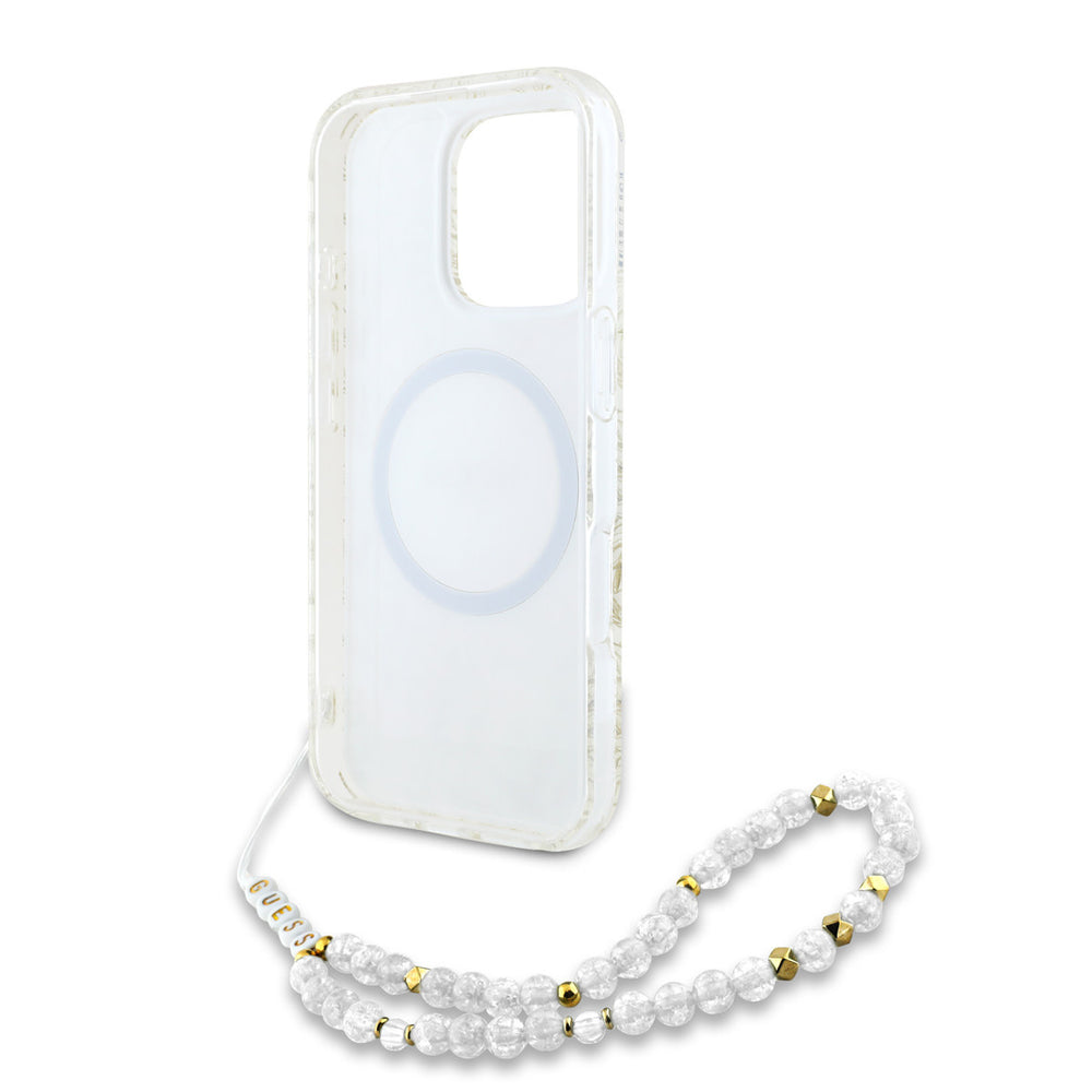 Guess iPhone 16 Pro Backcover hoesje - Magsafe IML - Pearl Strap & Electroplated Flower Design - Wit-Hoesjes-Ilumina Benelux