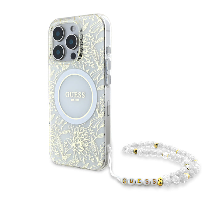 Guess iPhone 16 Pro Backcover hoesje - Magsafe IML - Pearl Strap & Electroplated Flower Design - Wit-Hoesjes-Ilumina Benelux