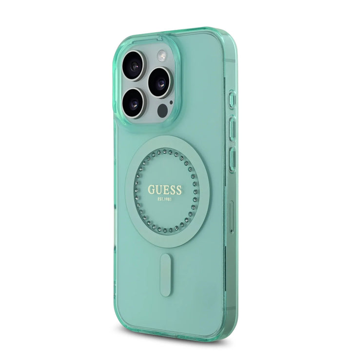 Guess iPhone 16 Pro Backcover hoesje - Magsafe IML - Rhinestones - Groen-Hoesjes-Ilumina Benelux