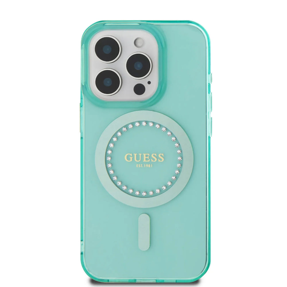 Guess iPhone 16 Pro Backcover hoesje - Magsafe IML - Rhinestones - Groen-Hoesjes-Ilumina Benelux