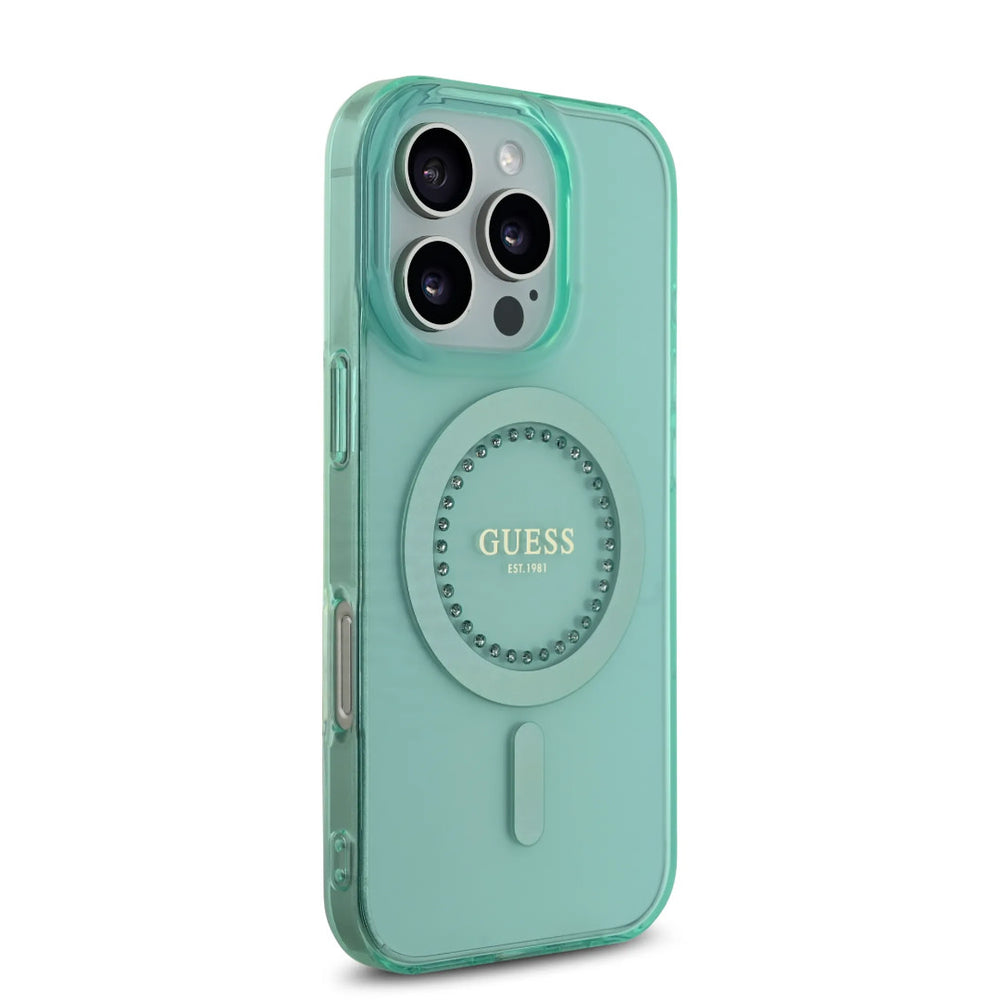 Guess iPhone 16 Pro Backcover hoesje - Magsafe IML - Rhinestones - Groen-Hoesjes-Ilumina Benelux