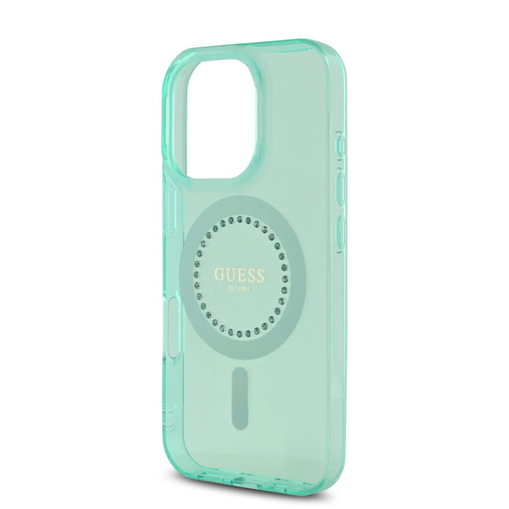 Guess iPhone 16 Pro Backcover hoesje - Magsafe IML - Rhinestones - Groen-Hoesjes-Ilumina Benelux