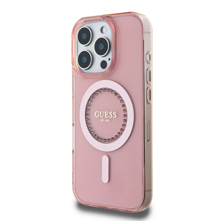 Guess iPhone 16 Pro Backcover hoesje - Magsafe IML - Rhinestones - Roze-Hoesjes-Ilumina Benelux