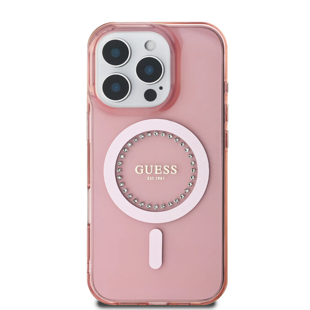 Guess iPhone 16 Pro Backcover hoesje - Magsafe IML - Rhinestones - Roze-Hoesjes-Ilumina Benelux