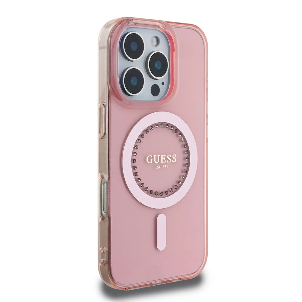 Guess iPhone 16 Pro Backcover hoesje - Magsafe IML - Rhinestones - Roze-Hoesjes-Ilumina Benelux