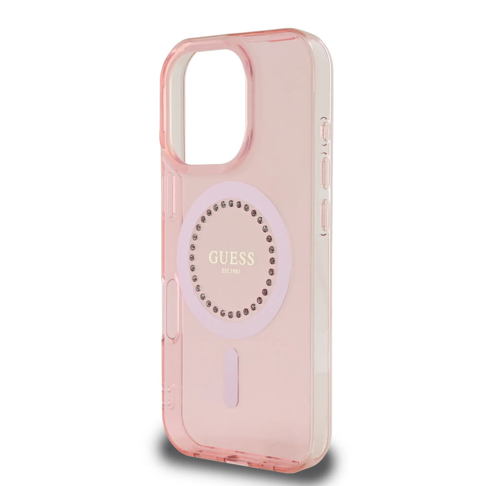 Guess iPhone 16 Pro Backcover hoesje - Magsafe IML - Rhinestones - Roze-Hoesjes-Ilumina Benelux