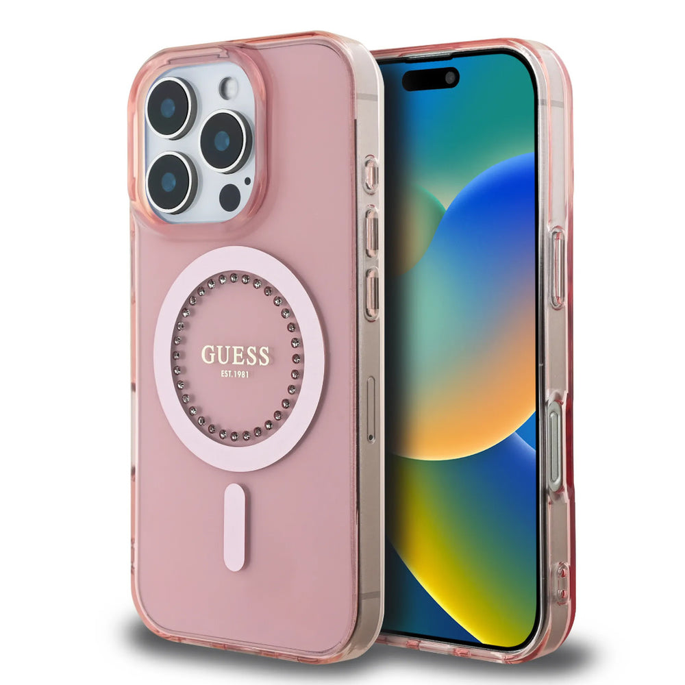 Guess iPhone 16 Pro Backcover hoesje - Magsafe IML - Rhinestones - Roze-Hoesjes-Ilumina Benelux
