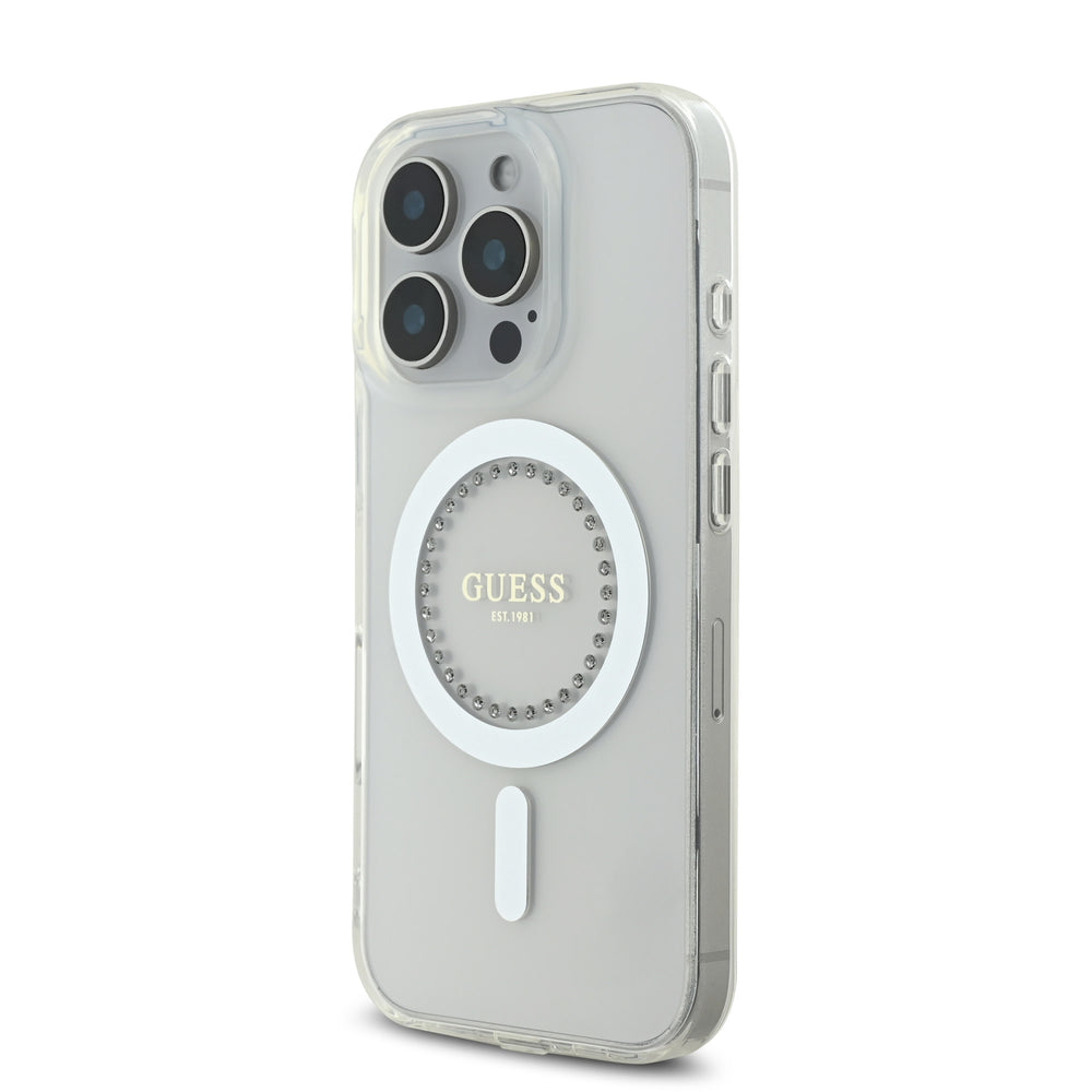 Guess iPhone 16 Pro Backcover hoesje Magsafe IML Rhinestones - Wit-Hoesjes-Ilumina Benelux