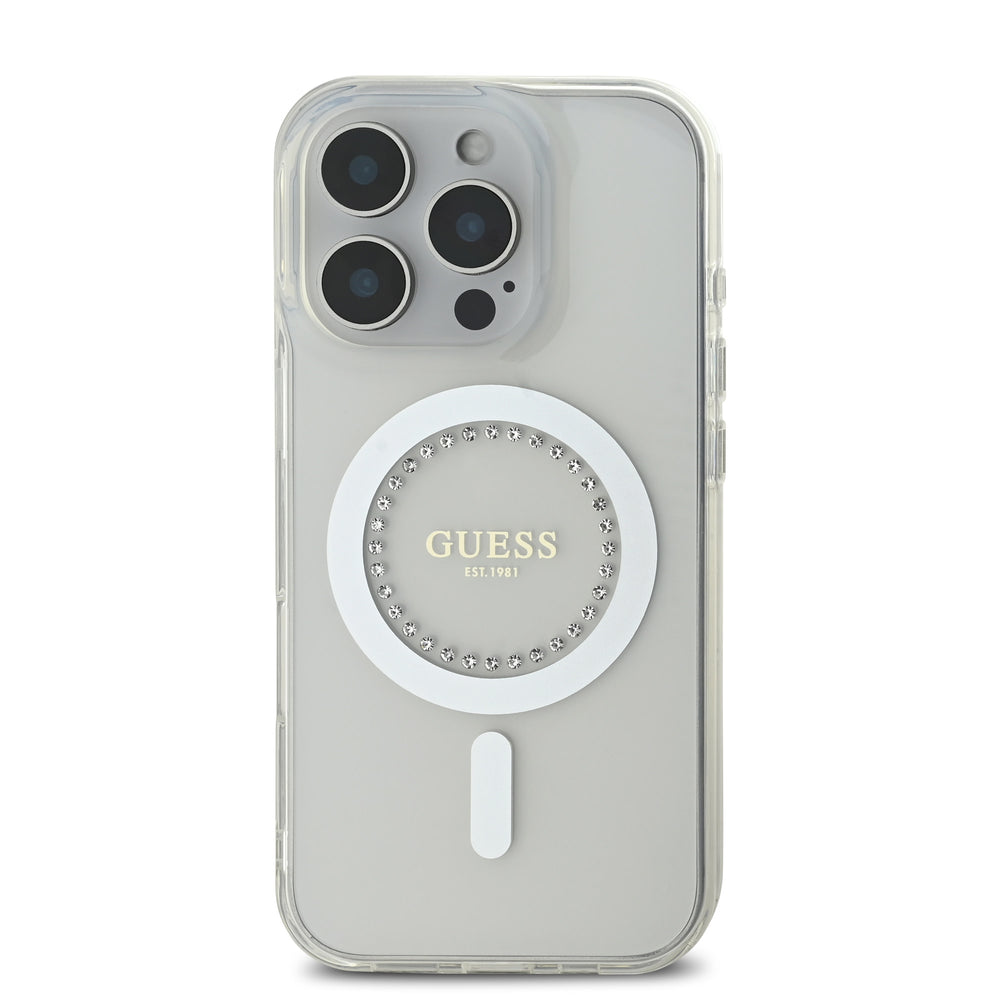 Guess iPhone 16 Pro Backcover hoesje Magsafe IML Rhinestones - Wit-Hoesjes-Ilumina Benelux