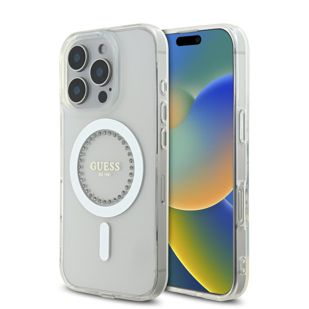 Guess iPhone 16 Pro Backcover hoesje Magsafe IML Rhinestones - Wit-Hoesjes-Ilumina Benelux
