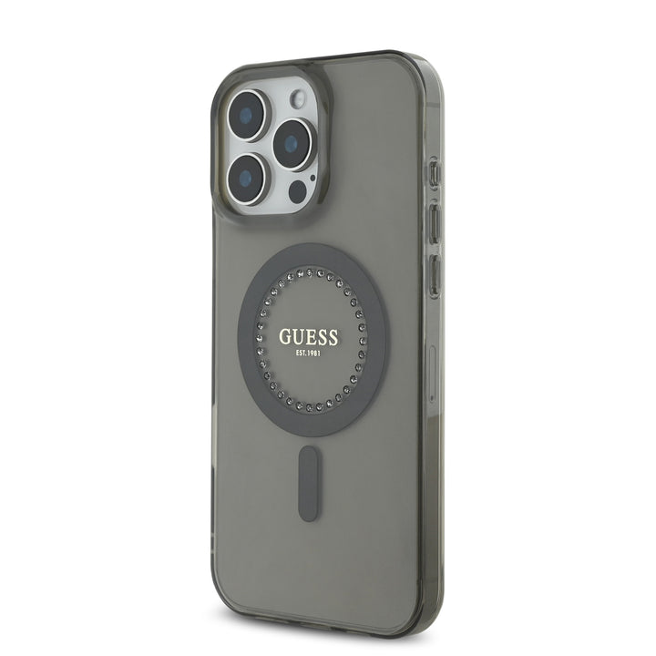 Guess iPhone 16 Pro Backcover hoesje Magsafe IML Rhinestones - Zwart-Hoesjes-Ilumina Benelux