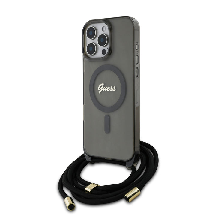 Guess iPhone 16 Pro Backcover hoesje Magsafe IML crossbody cord script - Zwart-Hoesjes-Ilumina Benelux