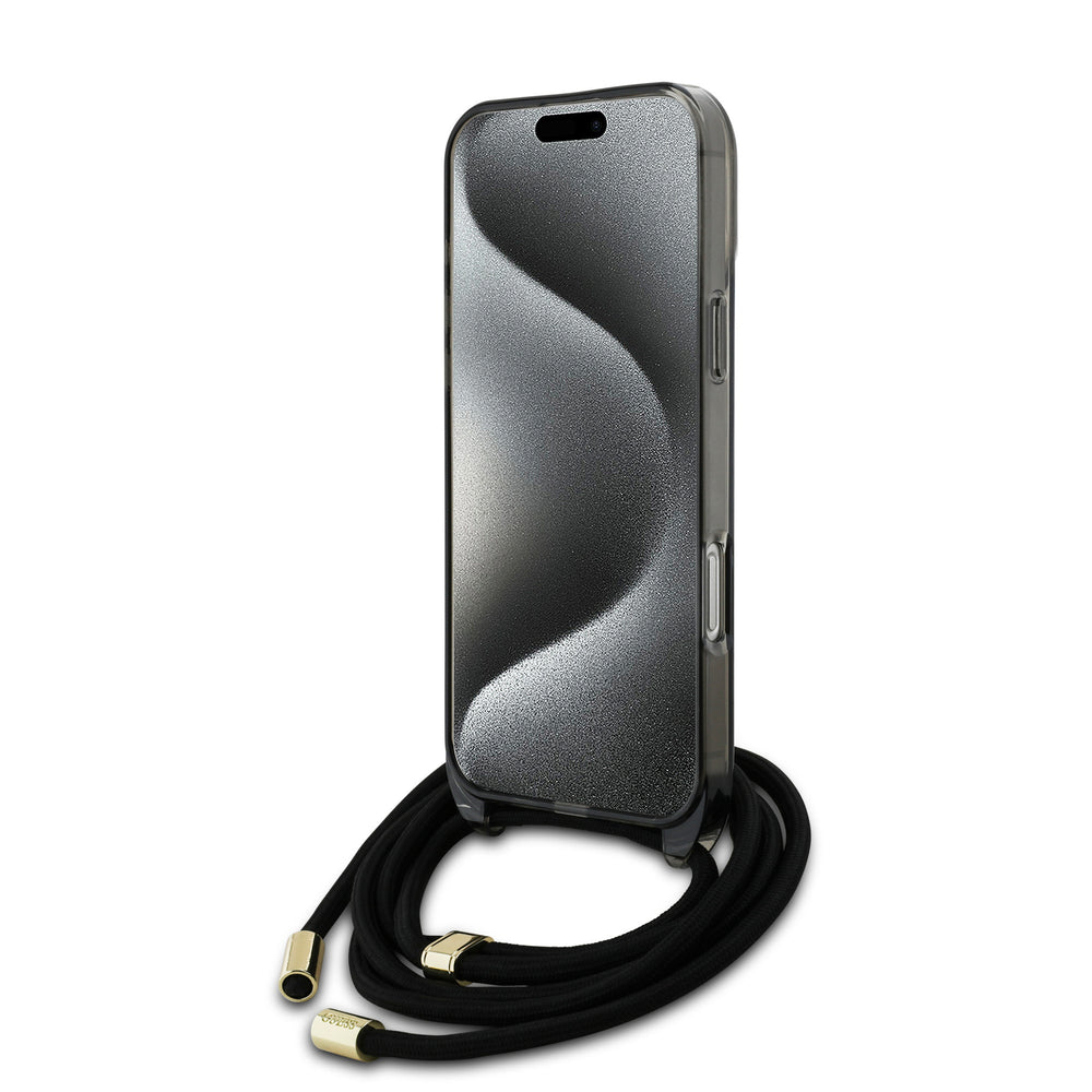 Guess iPhone 16 Pro Backcover hoesje Magsafe IML crossbody cord script - Zwart-Hoesjes-Ilumina Benelux