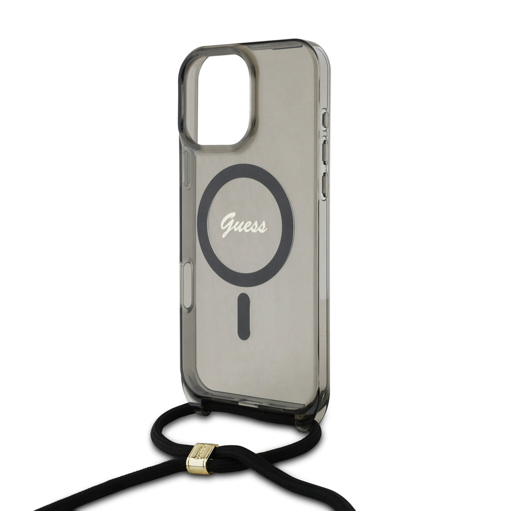Guess iPhone 16 Pro Backcover hoesje Magsafe IML crossbody cord script - Zwart-Hoesjes-Ilumina Benelux