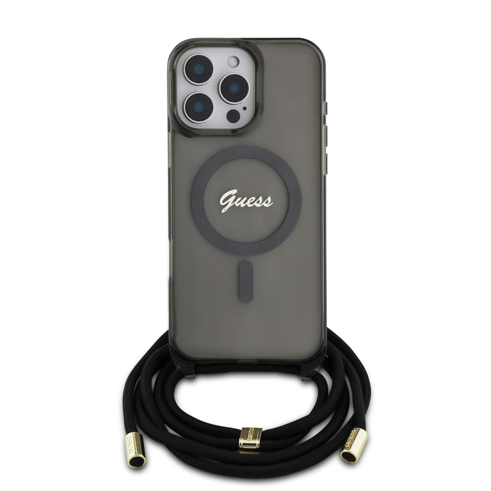 Guess iPhone 16 Pro Backcover hoesje Magsafe IML crossbody cord script - Zwart-Hoesjes-Ilumina Benelux