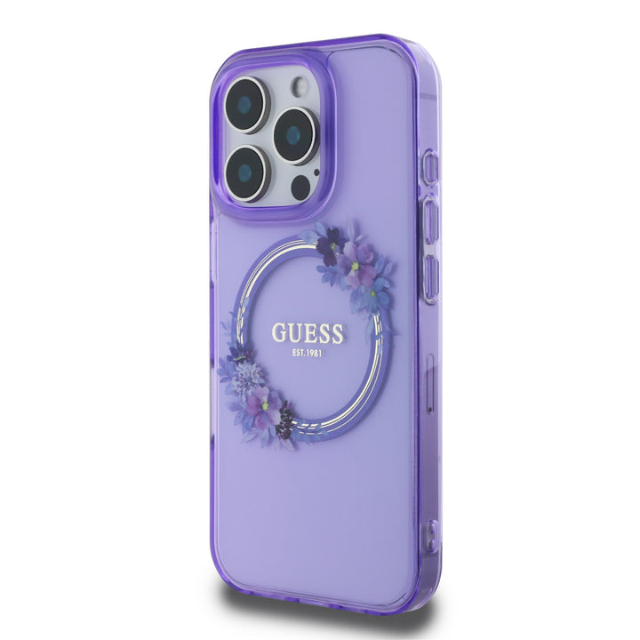 Guess iPhone 16 Pro Backcover hoesje Magsafe IML flowers wreath - Paars-Hoesjes-Ilumina Benelux