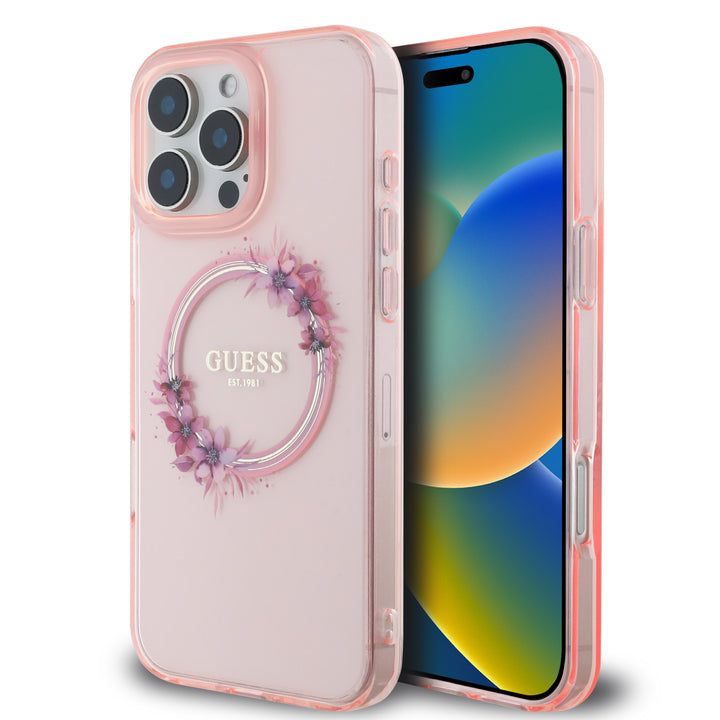 Guess iPhone 16 Pro Backcover hoesje Magsafe IML flowers wreath - Roze-Hoesjes-Ilumina Benelux