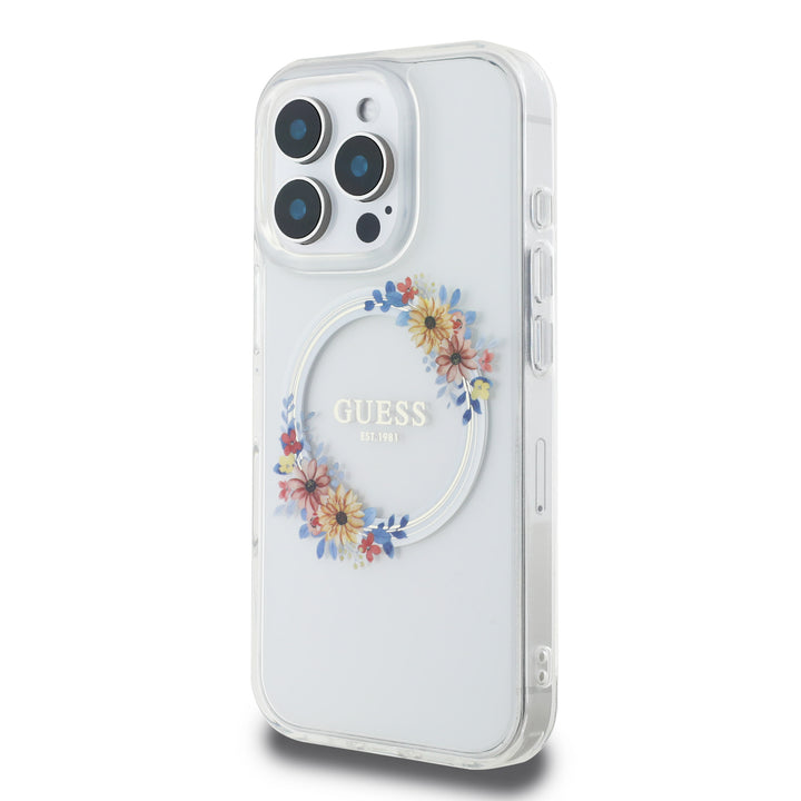 Guess iPhone 16 Pro Backcover hoesje Magsafe IML flowers wreath - Transparant-Hoesjes-Ilumina Benelux