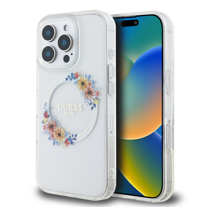 Guess iPhone 16 Pro Backcover hoesje Magsafe IML flowers wreath - Transparant-Hoesjes-Ilumina Benelux