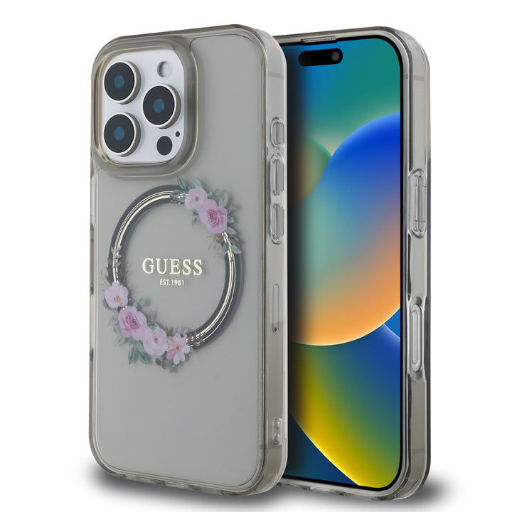 Guess iPhone 16 Pro Backcover hoesje Magsafe IML flowers wreath - Zwart-Hoesjes-Ilumina Benelux