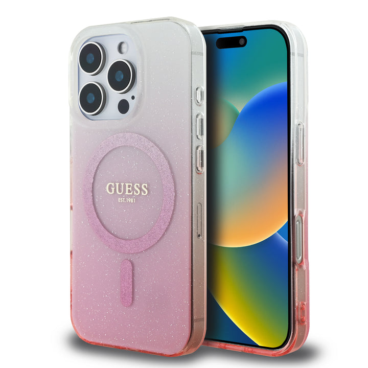 Guess iPhone 16 Pro Backcover hoesje Magsafe IML glitter gradient - Roze-Hoesjes-Ilumina Benelux