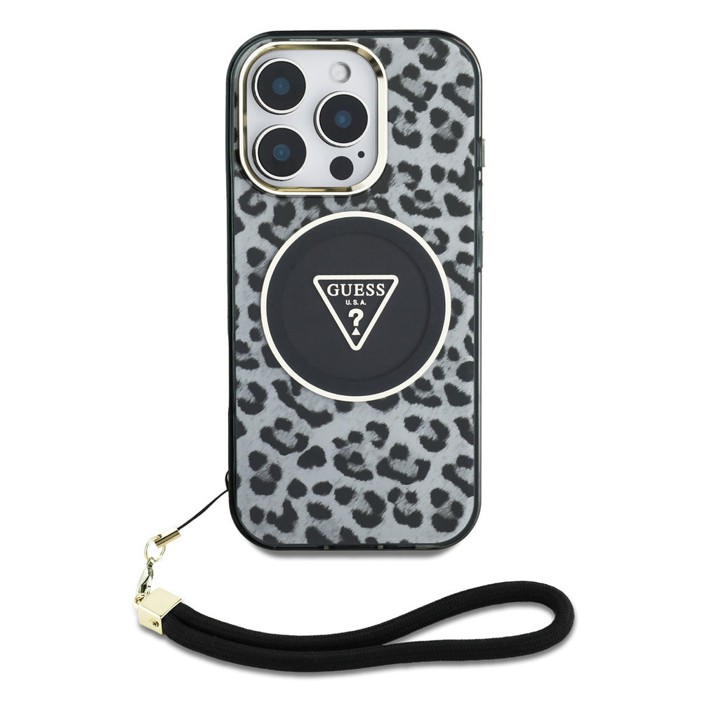 Guess iPhone 16 Pro Backcover hoesje - Magsafe - Leopard print with Nylon strap - Zwart-Hoesjes-Ilumina Benelux