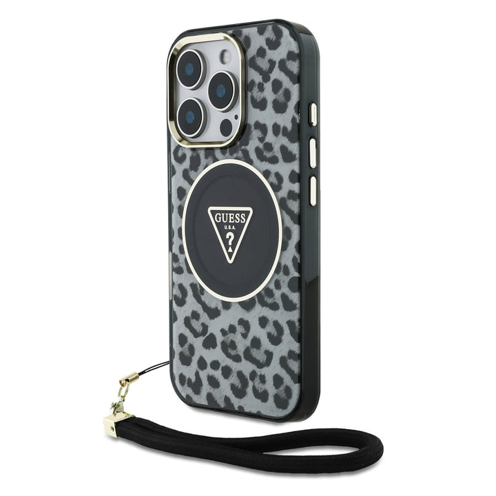 Guess iPhone 16 Pro Backcover hoesje - Magsafe - Leopard print with Nylon strap - Zwart-Hoesjes-Ilumina Benelux