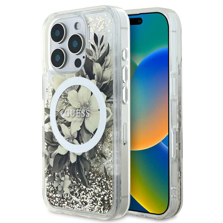 Guess iPhone 16 Pro Backcover hoesje Magsafe Liquid Glitter - Beige-Hoesjes-Ilumina Benelux