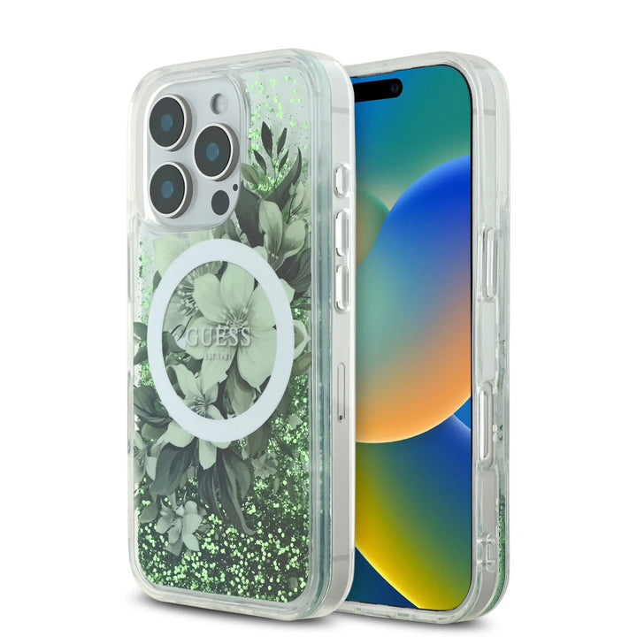 Guess iPhone 16 Pro Backcover hoesje - Magsafe - Liquid Glitter Flower Design - Groen-Hoesjes-Ilumina Benelux