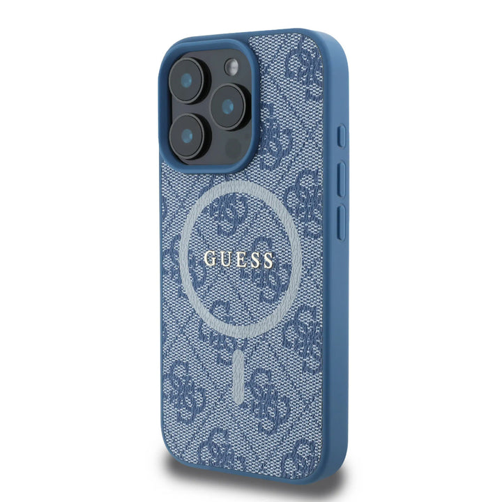 Guess iPhone 16 Pro Backcover hoesje - Magsafe PU Leather - 4G Classic Logo - Blauw-Hoesjes-Ilumina Benelux