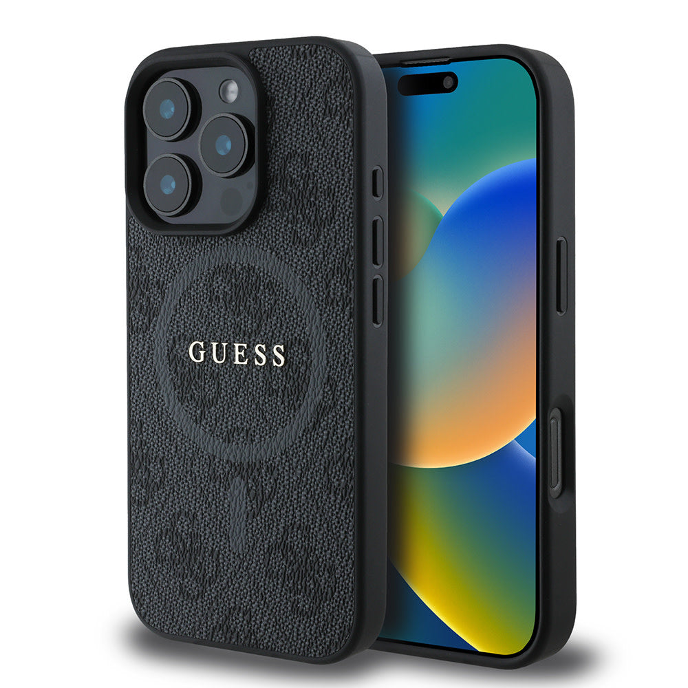 Guess iPhone 16 Pro Backcover hoesje - Magsafe PU Leather - 4G Ring - Zwart-Hoesjes-Ilumina Benelux
