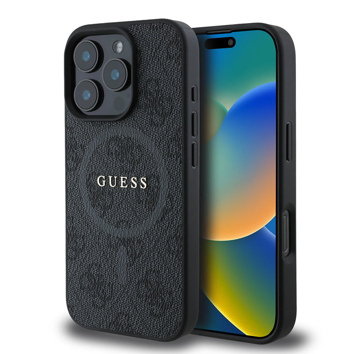 Guess iPhone 16 Pro Backcover hoesje - Magsafe PU Leather - 4G Ring - Zwart-Hoesjes-Ilumina Benelux